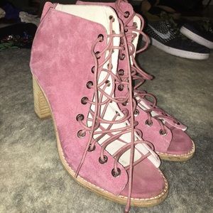 Jeffrey Campbell pink suede lace up heel